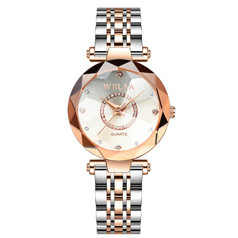 WIILAA Ocean Star Women Crystal Watch 2025 Top Brand Luxury Rose Gold Women Bracelet Wrist Watch For Ladies Relogio Feminino