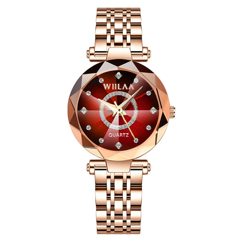 WIILAA Ocean Star Women Crystal Watch 2025 Top Brand Luxury Rose Gold Women Bracelet Wrist Watch For Ladies Relogio Feminino