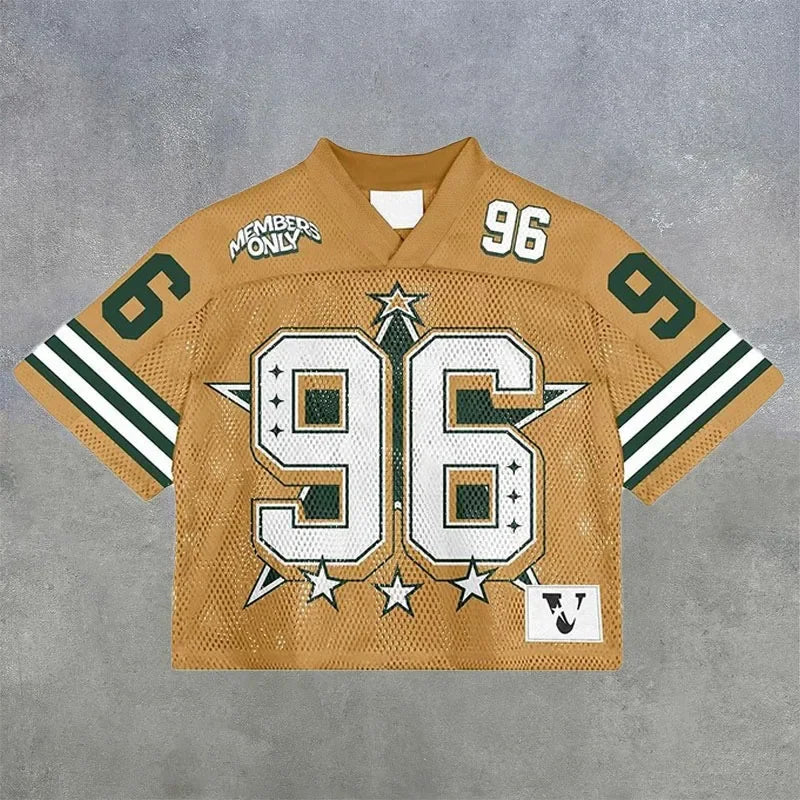 European and American trendy men T-shirts mesh short-sleeved quick-drying football jerseys retro streetwear V-neck loose tops
