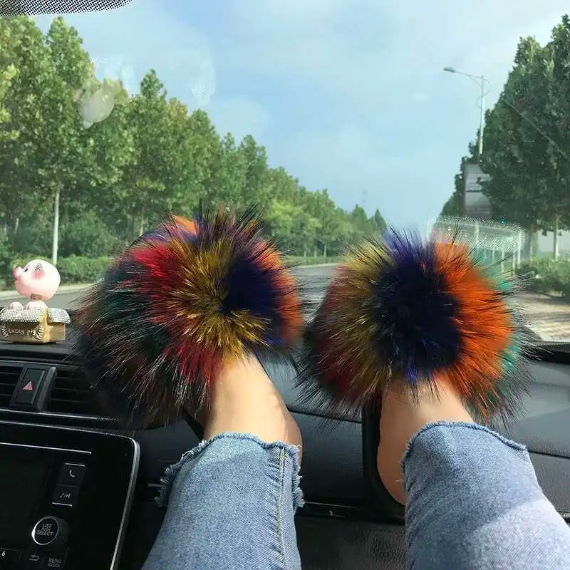 Fur Slippers Women Summer Fluffy Plush Casual Fluffy Flat Non-Slip Real Fox Fur Slides Outdoor Flat Ladies Sandals Flip Flops