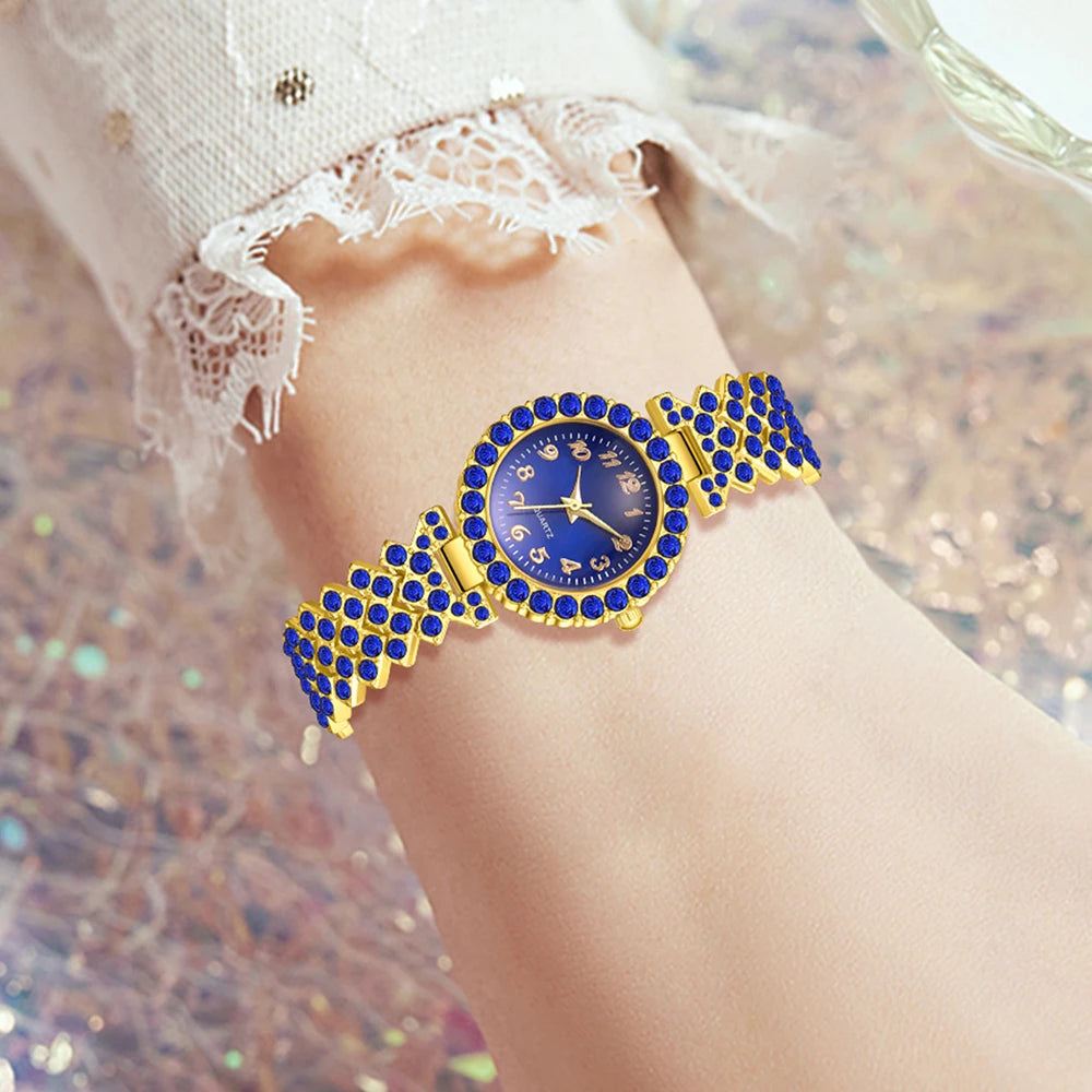 5PCS Blue Women's Watch Set Trendy Fashion Quartz Watch Bracelet Necklace Earrings Set Suitable for Daily Clothing Matching