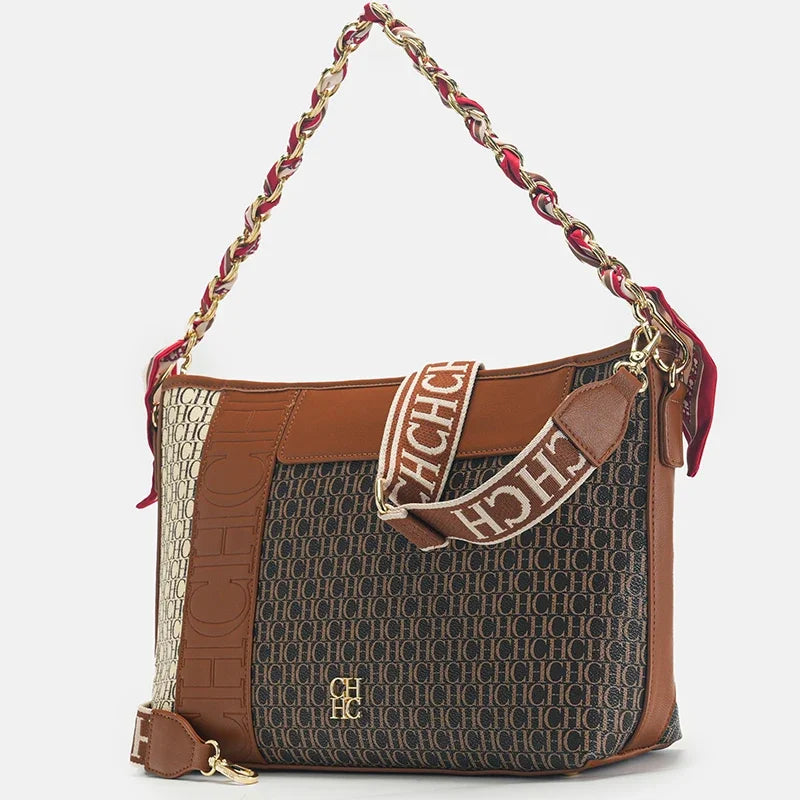 CH Fashion Chain Block Letter Print Wrap Silk Scarf Tote Bag Classic Square Shoulder Bag