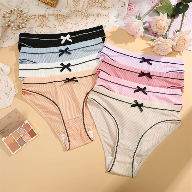 FINETOO 6Pcs Women's Ribbed Underwear Sexy Bow Tie Mid-Waist Panties Girls Solid Color Breathable Briefs Sports Soft Lingerie