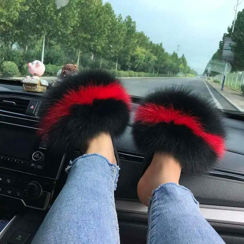 Fur Slippers Women Summer Fluffy Plush Casual Fluffy Flat Non-Slip Real Fox Fur Slides Outdoor Flat Ladies Sandals Flip Flops