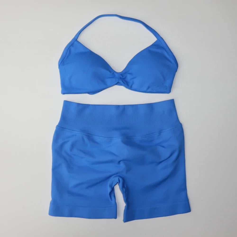 Impact Gym Set Women Two Piece Strappy Yoga Bra Top Workout Scrunch Shorts Suit Fitness Clothes Seamless Sportswear Workout Set