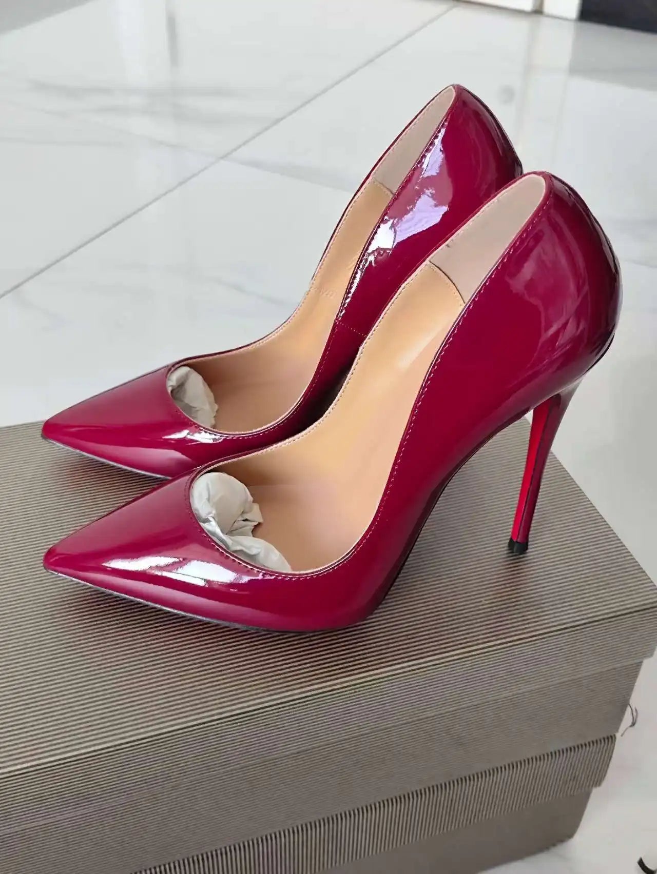 Classic Style Women Patent Pointed Toe Slip On 12cm High Heel Shoes Elegant Ladies Plain Stiletto Pumps Black Red White