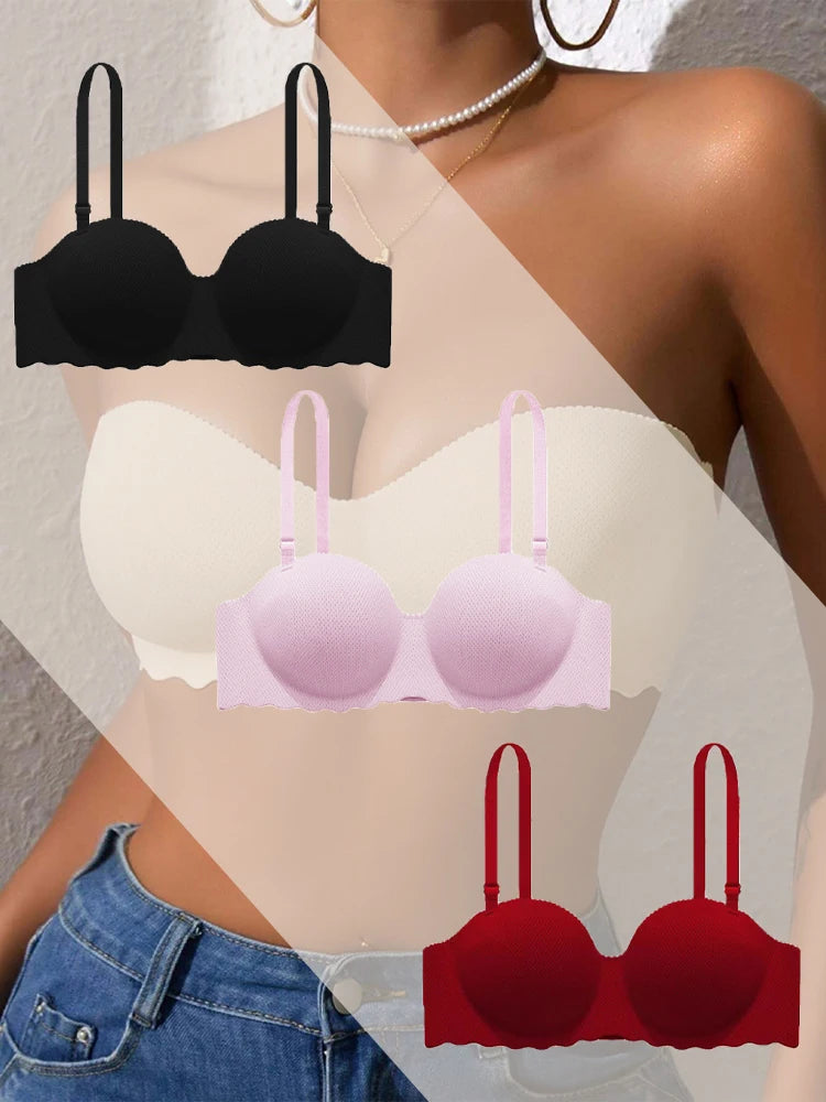 3PCS Women Push Up Backless Bras Sexy Wireless Solid Lingerie Female Detachable Straps Design For Party Wedding Gather Bralette