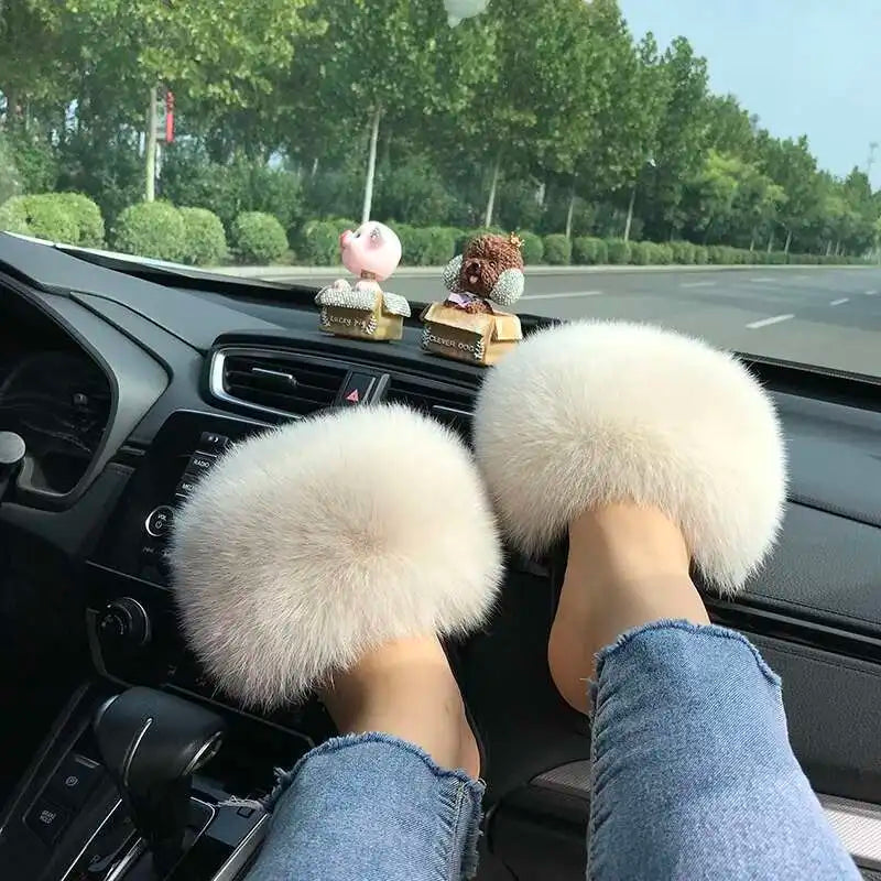 Fur Slippers Women Summer Fluffy Plush Casual Fluffy Flat Non-Slip Real Fox Fur Slides Outdoor Flat Ladies Sandals Flip Flops