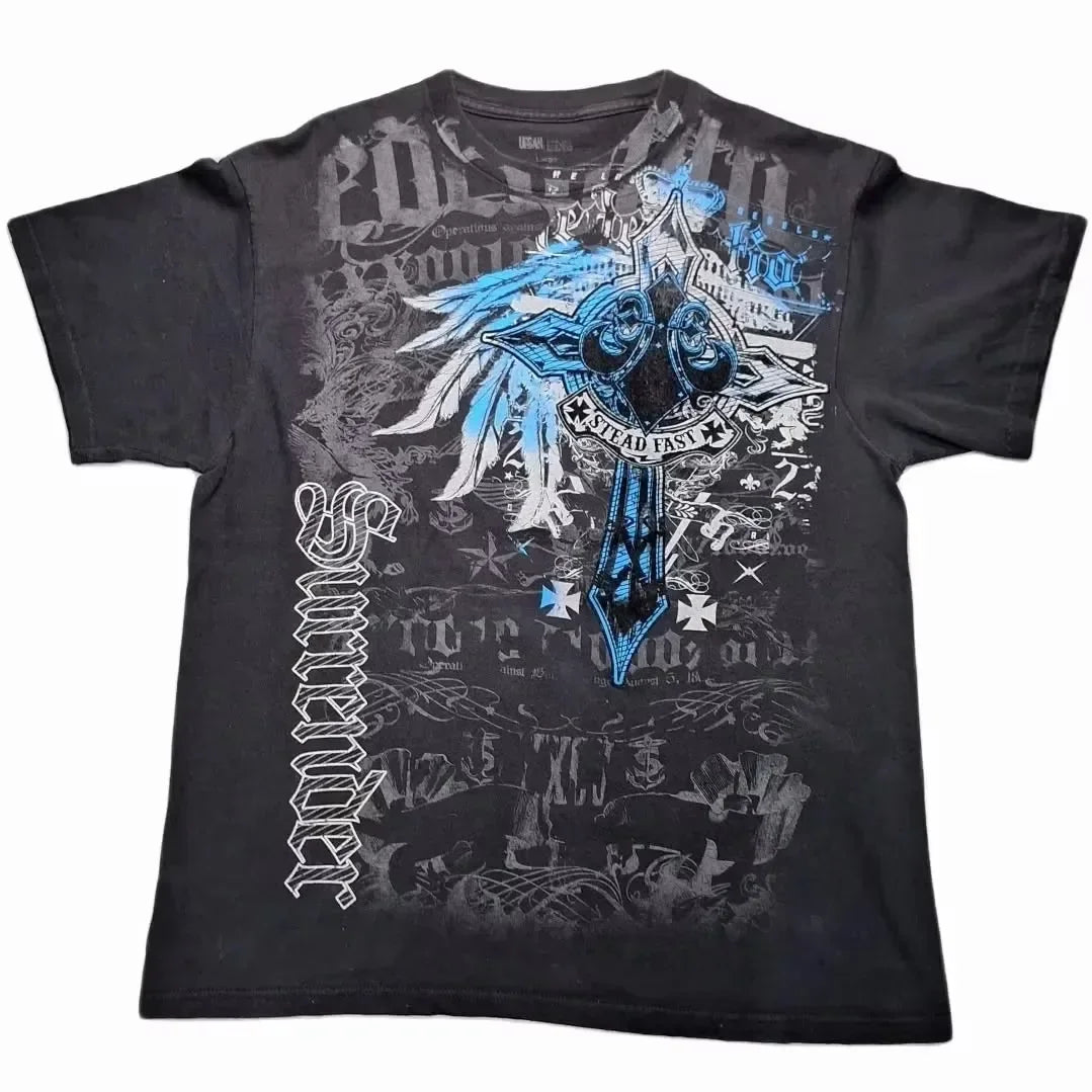 South pole Vintage Cotton Graphic Tee Distressed Oversized T-Shirt with Gothic Print