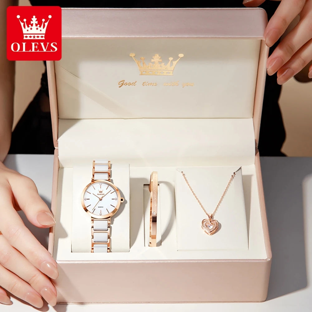 OLEVS 5877 Women Watch Luxury Elegant Brand Quartz Watch Ceramic Strap Waterproof Luminous  Ladies Watch Bracelet Set Original