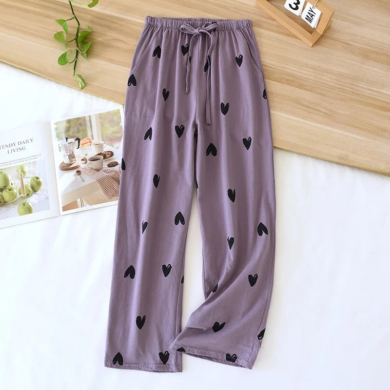 New Spring/Summer Women's Sleeping Pants 100% Pure Cotton Knitted Love Pants Straight Leg Casual Home Pants Lounge Wear