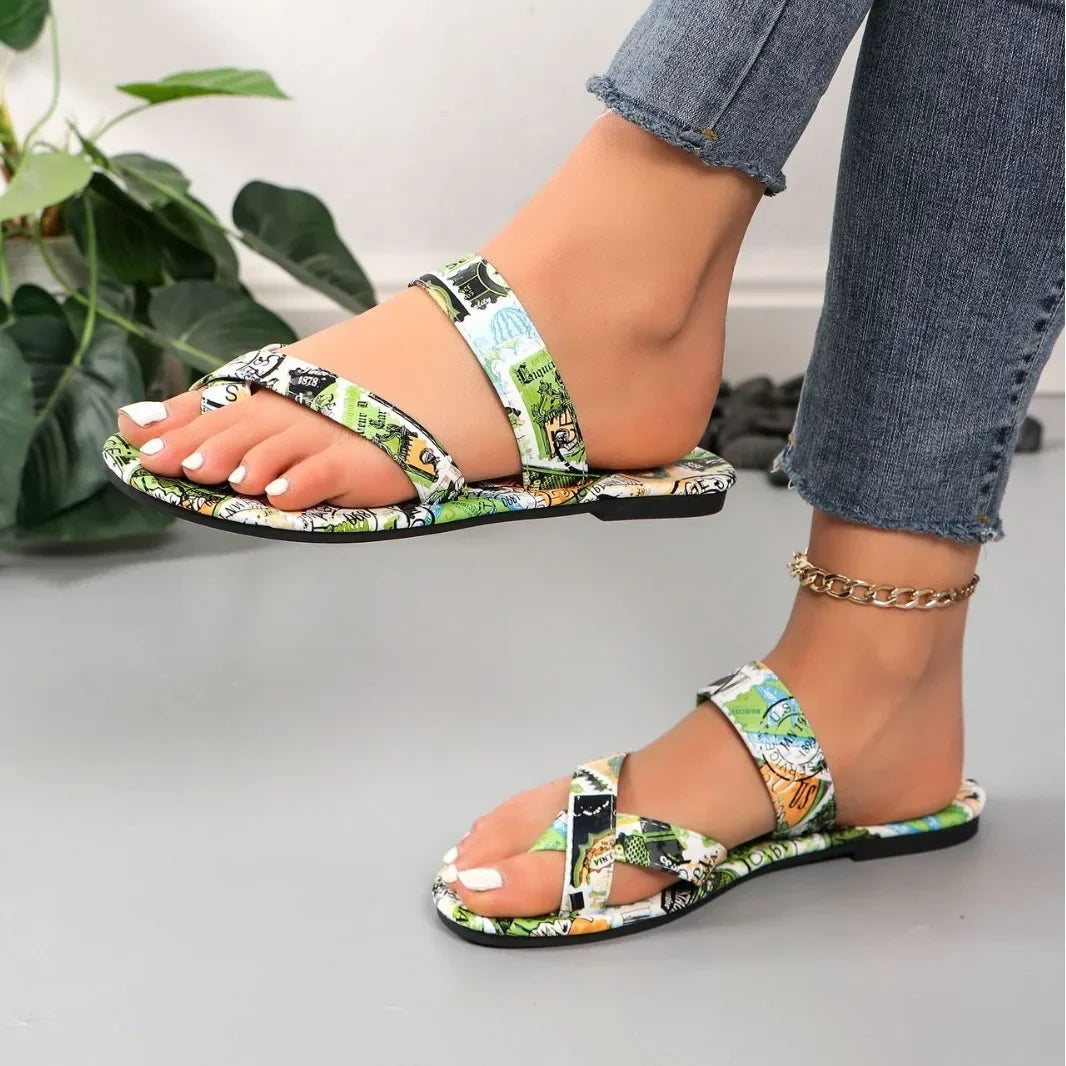Women Sandals Flat Sandals  Summer New Fashion Printing comfort  for Women Retro Beach Flip Flops Zapatos De Mujer