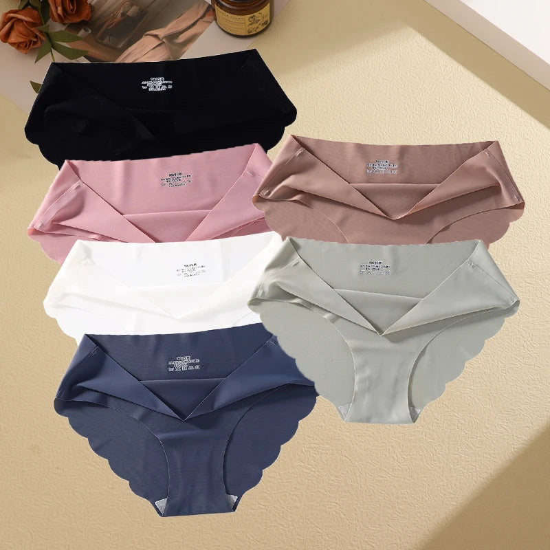 6Pcs/set Seamless Ice Silk Briefs Sexy Wavy Edge Underwear for Women Female Mid-waist Panties M-XL High Elasticity Lingerie New