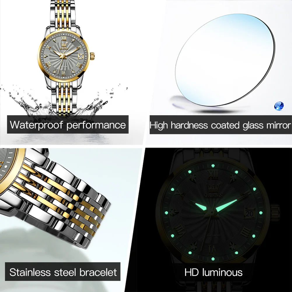 OLEVS 6630 Ladies Watch Luxury Elegant Automatic Mechanical Watch Waterproof Luminous  Stainless Steel  Date Watch For Women Set