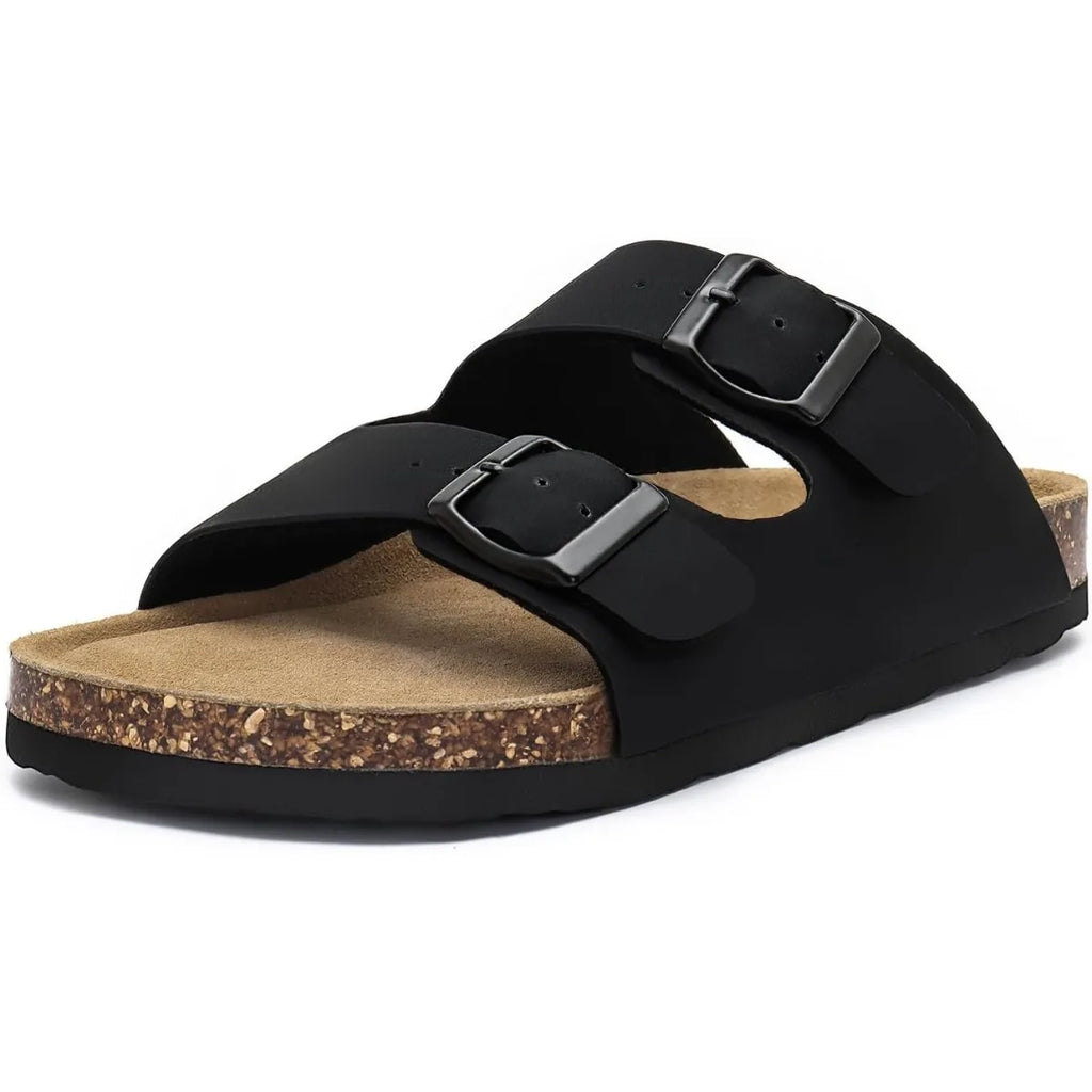Women's Flat Sandals Cork Footbed Slide Sandals Arch Support Slip on Slides with Adjustable Buckle