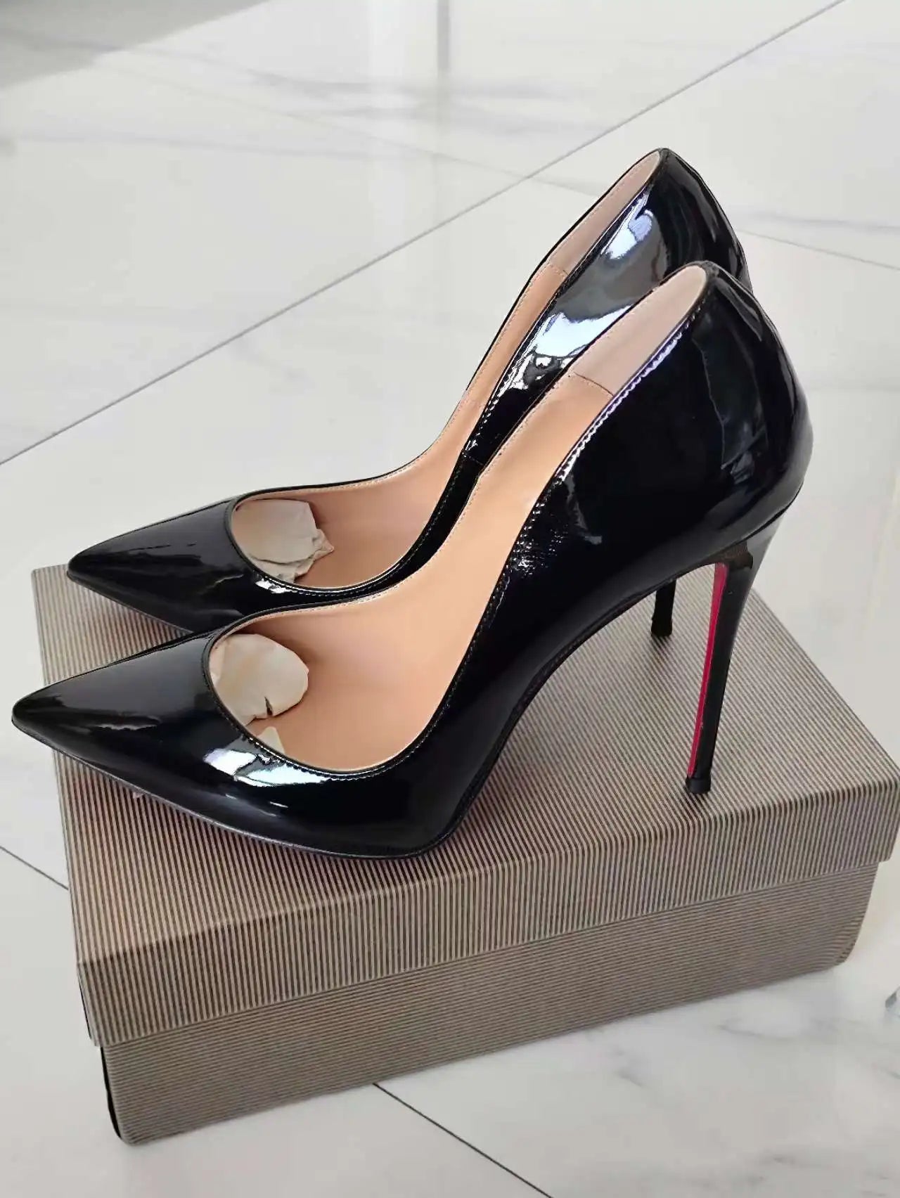 Classic Style Women Patent Pointed Toe Slip On 12cm High Heel Shoes Elegant Ladies Plain Stiletto Pumps Black Red White