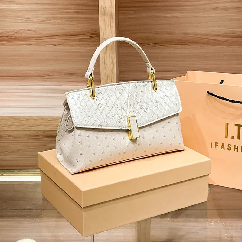 Genuine Leather Ostrich-print Shell Luxury Shoulder Bags