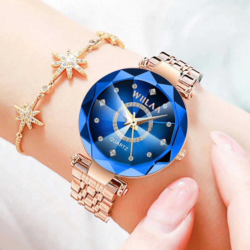 WIILAA Ocean Star Women Crystal Watch 2025 Top Brand Luxury Rose Gold Women Bracelet Wrist Watch For Ladies Relogio Feminino
