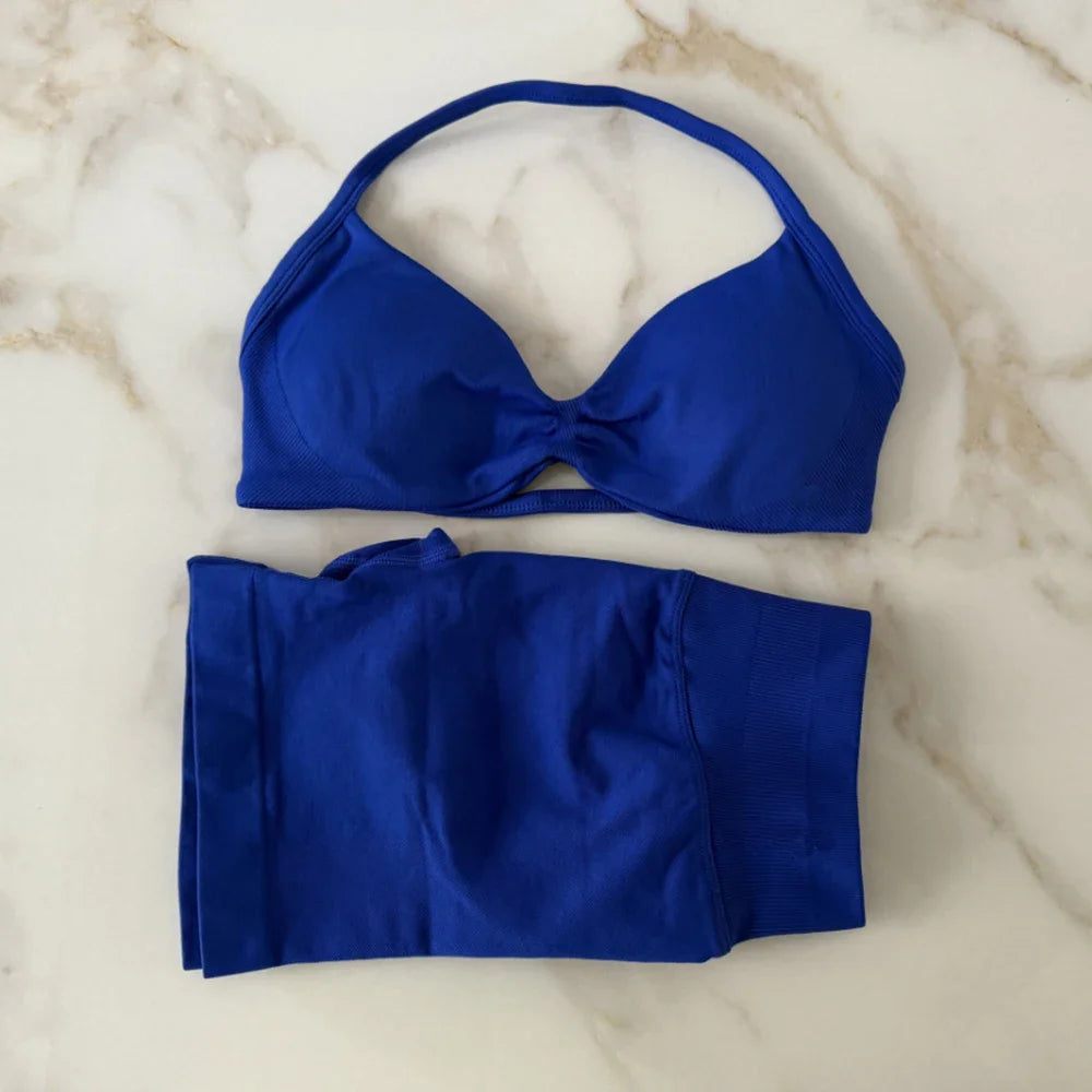 Impact Gym Set Women Two Piece Strappy Yoga Bra Top Workout Scrunch Shorts Suit Fitness Clothes Seamless Sportswear Workout Set