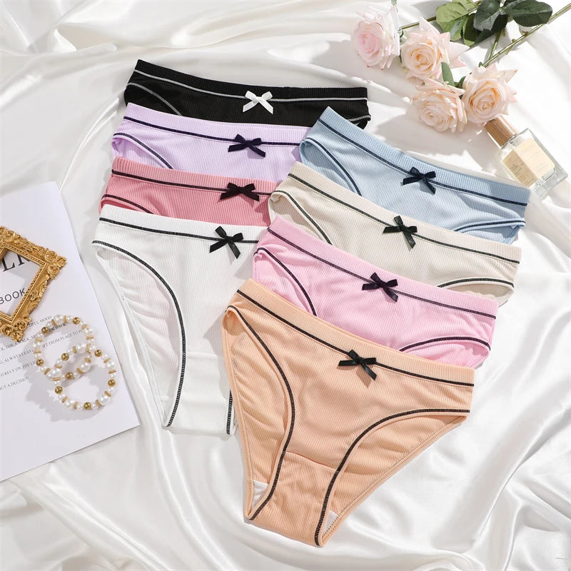 FINETOO 6Pcs Women's Ribbed Underwear Sexy Bow Tie Mid-Waist Panties Girls Solid Color Breathable Briefs Sports Soft Lingerie
