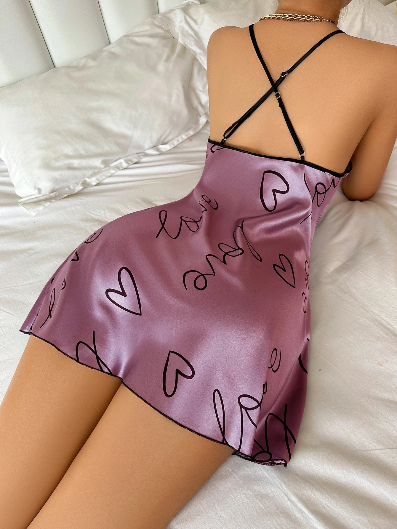 Heart Letter Print Nightdress Casual Round Neck Spaghetti Strap Sleepwear