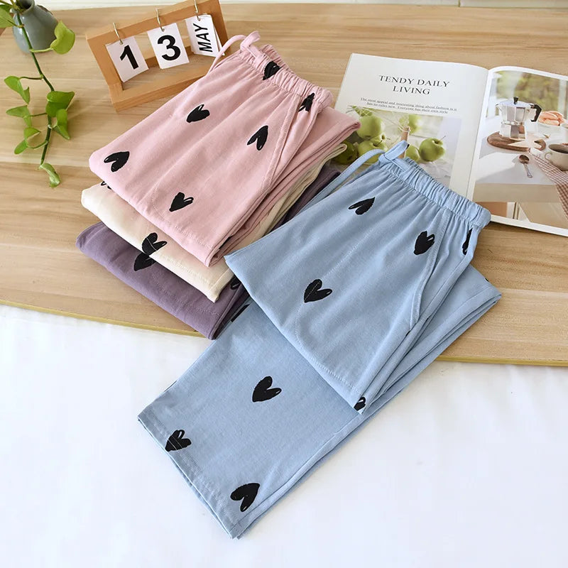 New Spring/Summer Women's Sleeping Pants 100% Pure Cotton Knitted Love Pants Straight Leg Casual Home Pants Lounge Wear