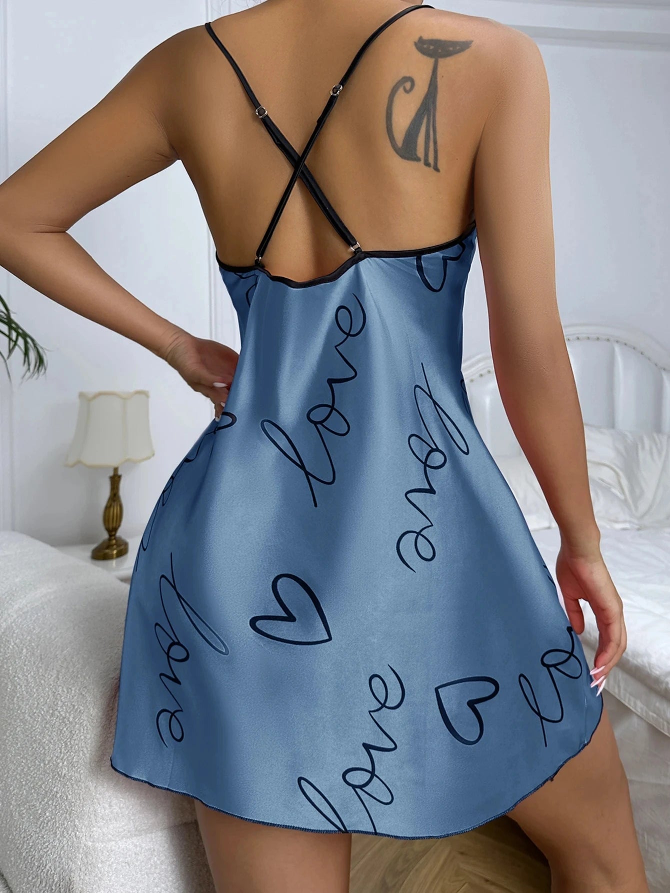 Heart Print Nightdress Elegant Scoop Neck Criss Cross Sleep Wear