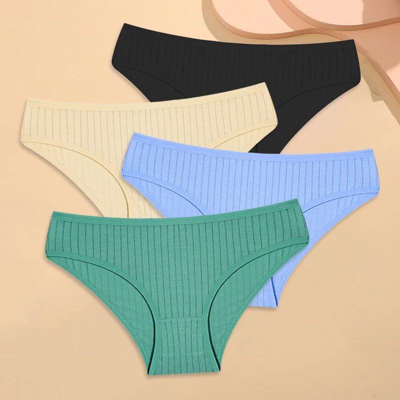 4PCS Cotton Women's Breathable Underwear Sexy Striped Panties Plus Size Low-Waist Briefs Female Comfortable Sport Lingerie S-XXL