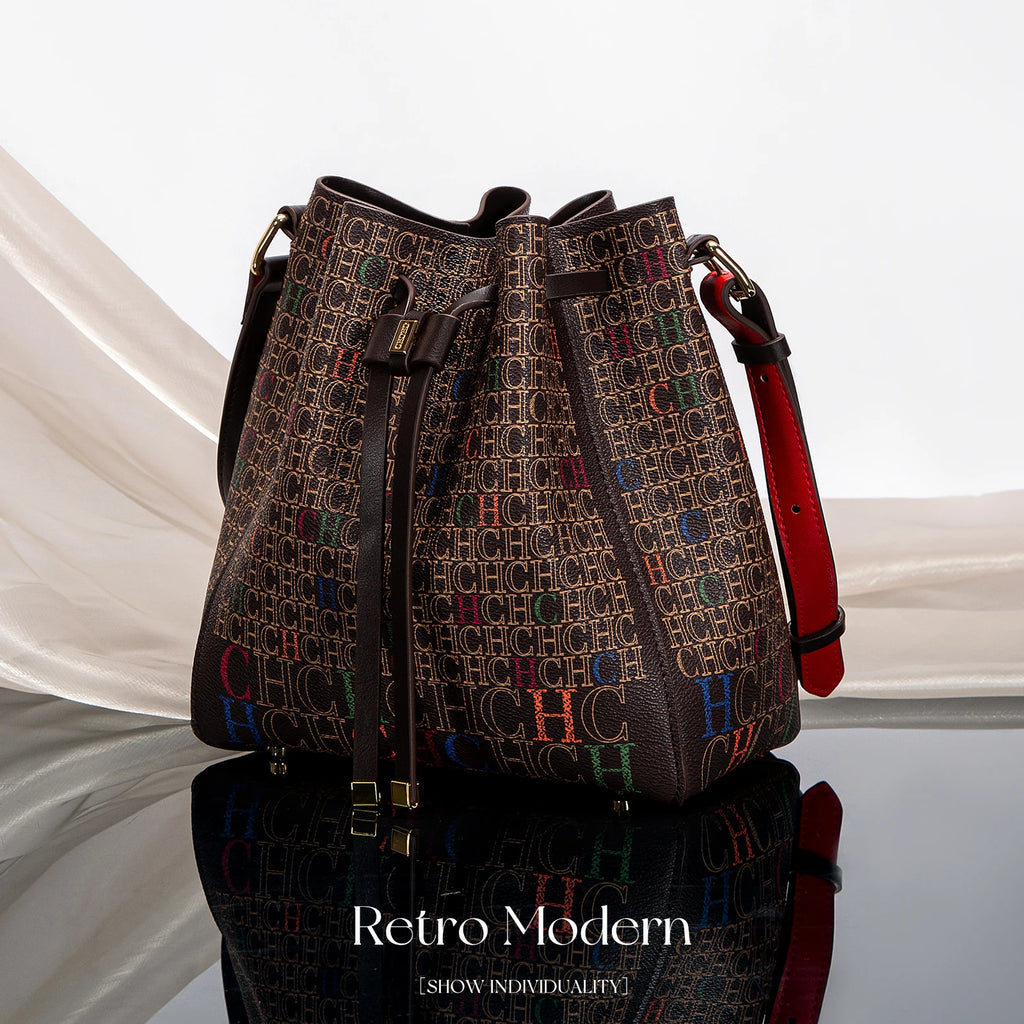 Women's Handbag  Drawstring Bucket Bag Coffee Color Letter Printed Wallet