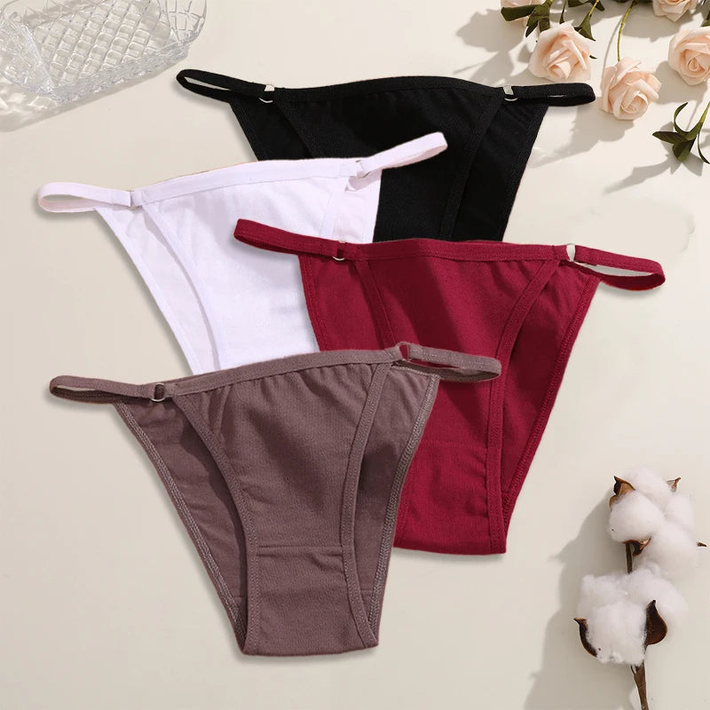 FINETOO 4Pcs Women's Cotton Panties Sexy Metal Ring Waist Underwear Solid Breathable Panties Ladies Soft Briefs Comfort Lingerie