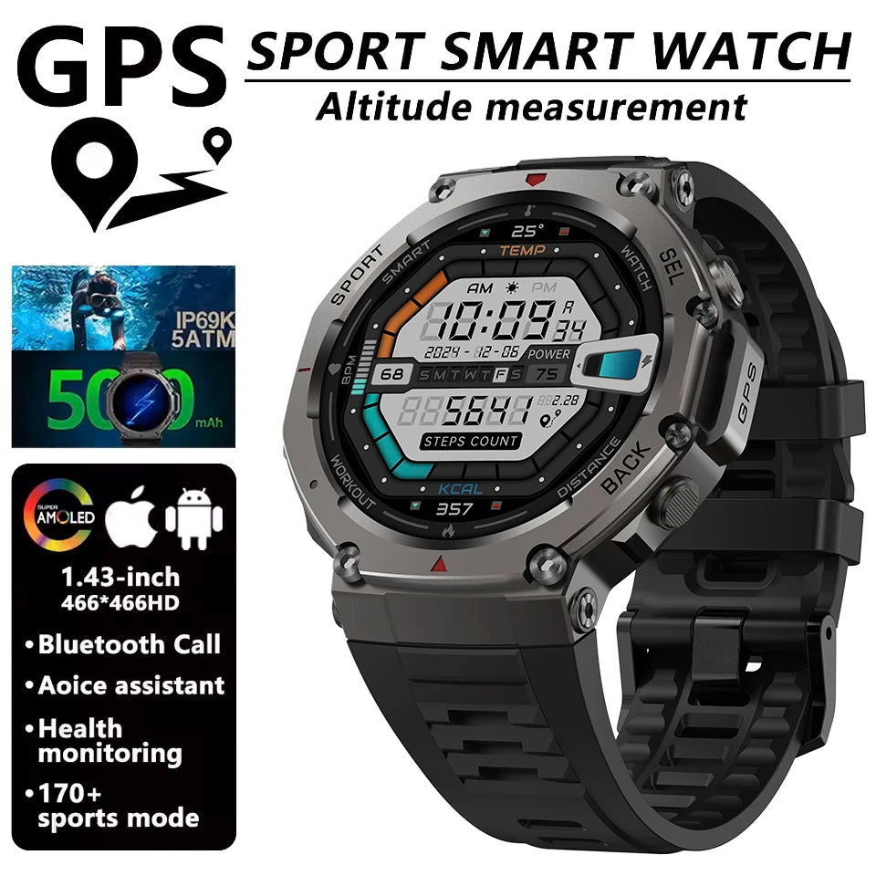 T-Rex 3 Ultra GPS Smart Watch Bulit-in Dual-band GNSS Compass Altimeter Barometric 5ATM IP69K Waterproof AMOLED Call Smartwatch