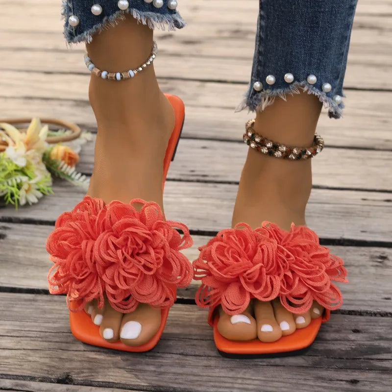 Plus Size Cool Drag Women's Summer New Square Toe Open Toe Outside Wear Flower Soft Sole Flat Slip Beach Shoes