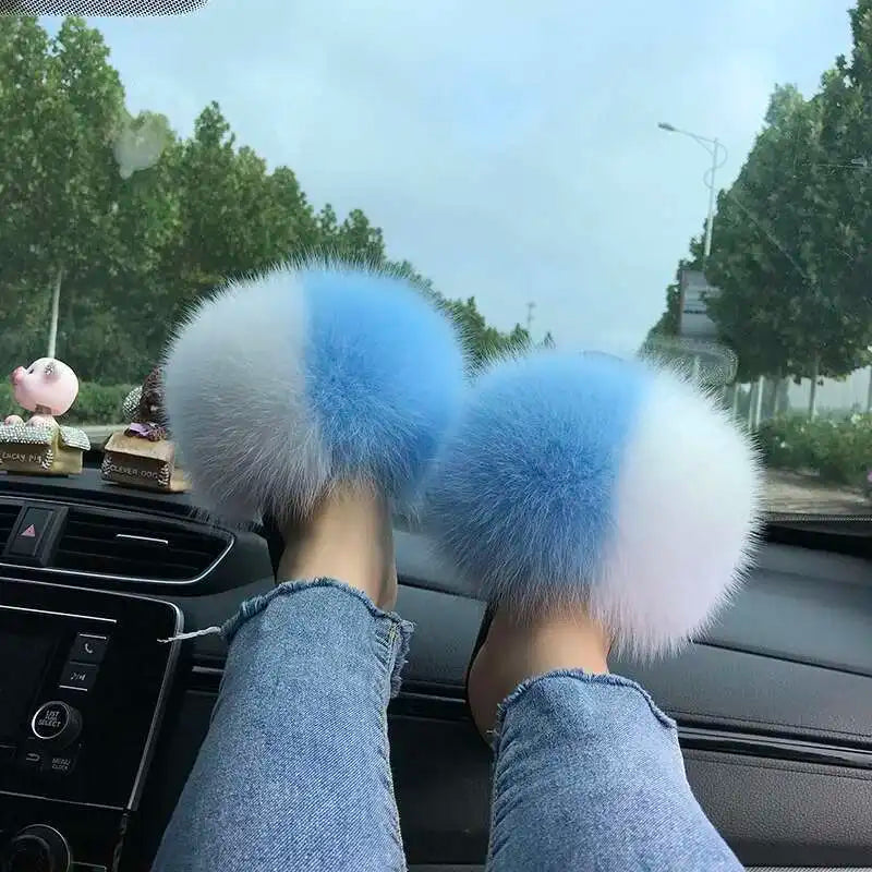 Fur Slippers Women Summer Fluffy Plush Casual Fluffy Flat Non-Slip Real Fox Fur Slides Outdoor Flat Ladies Sandals Flip Flops