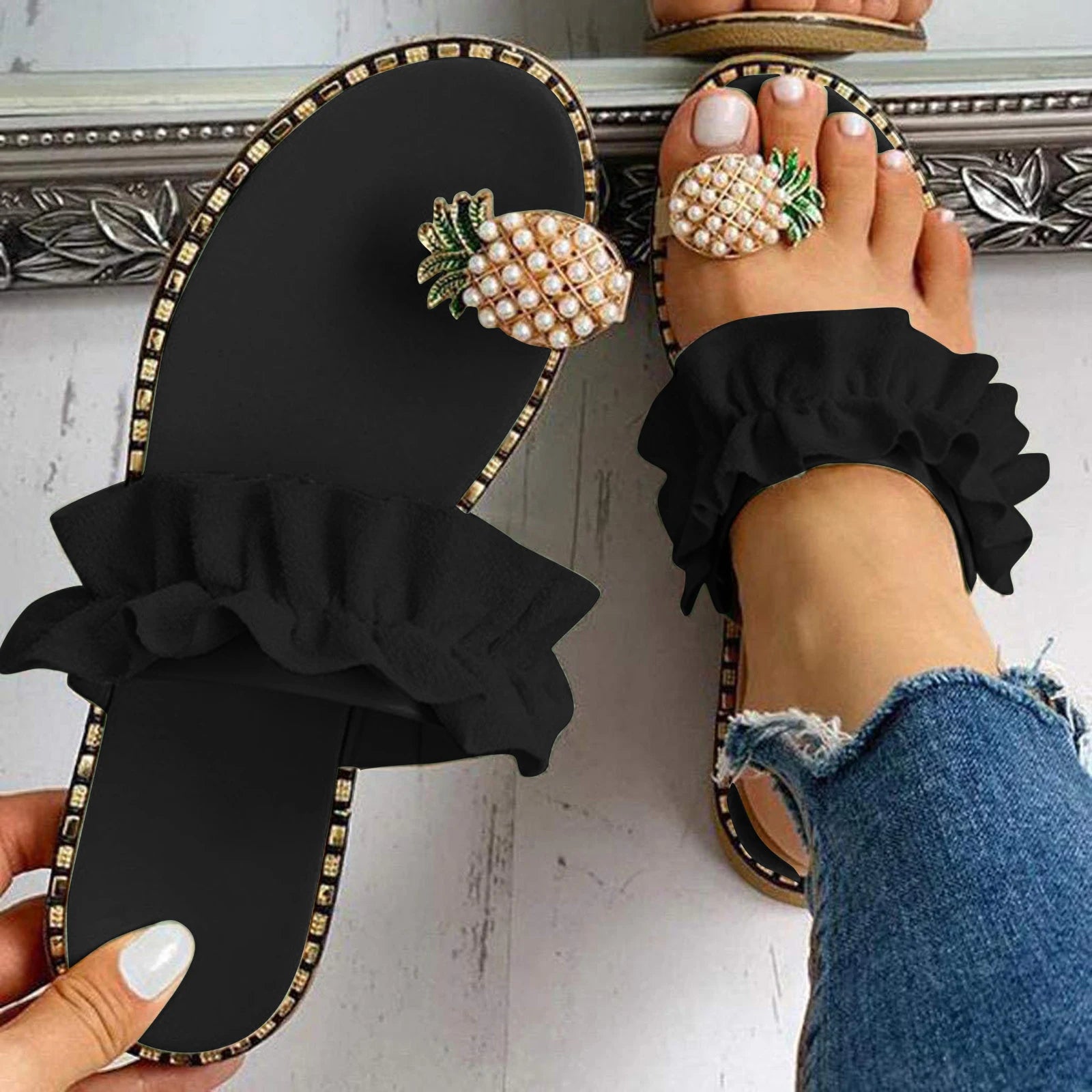 Pineapple Pearl Bohemian Flat Sandals for Women - Stylish Summer Beach Footwear, Plus Size Available