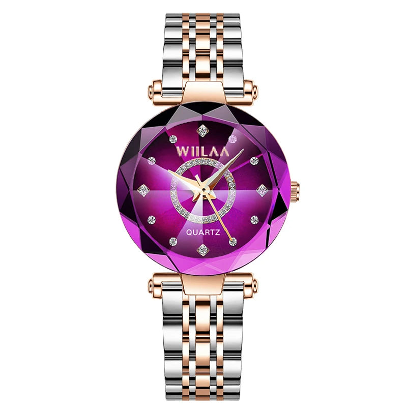 WIILAA Ocean Star Women Crystal Watch 2025 Top Brand Luxury Rose Gold Women Bracelet Wrist Watch For Ladies Relogio Feminino