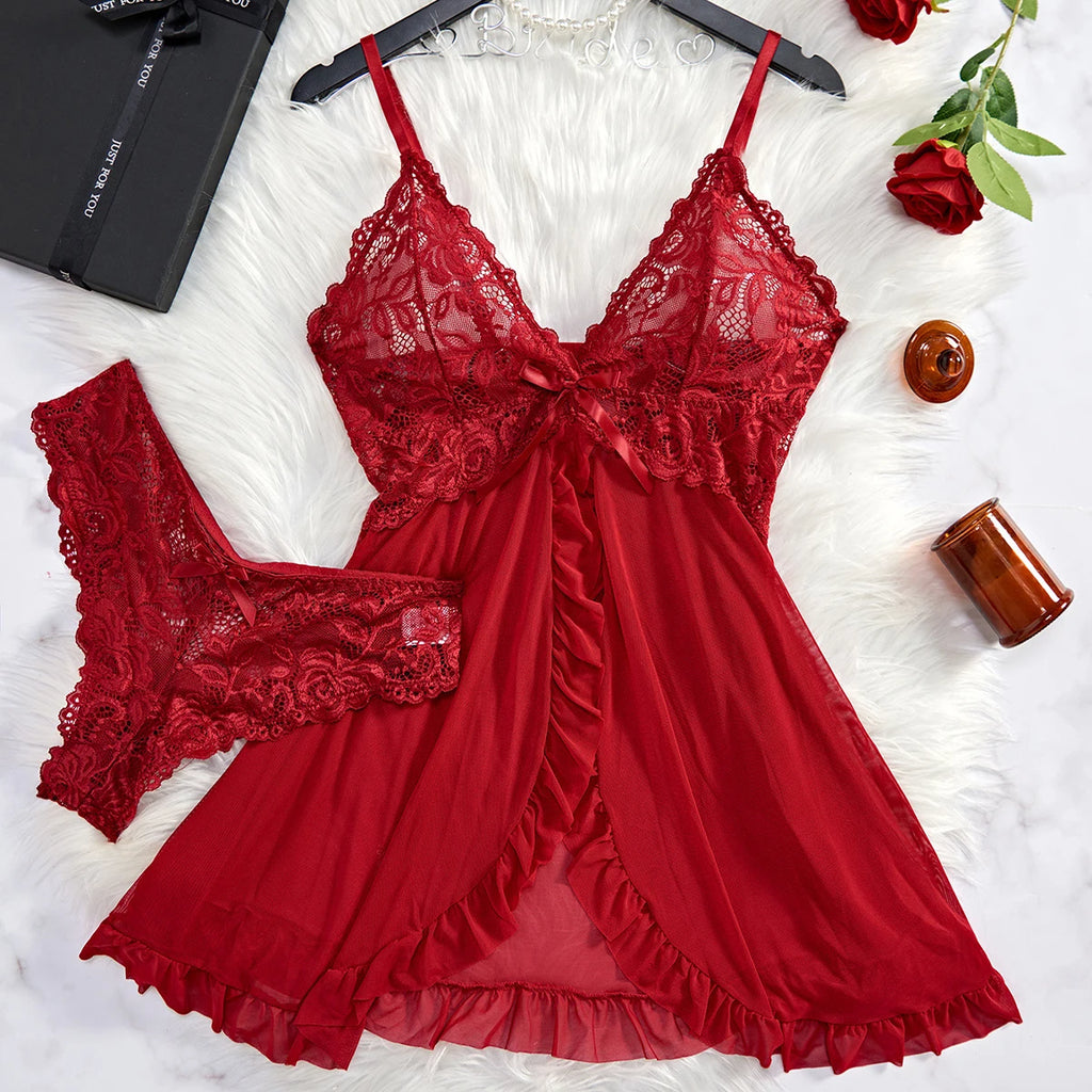 Solid Color Lace Deep V-neck Low-cut Backless Mesh Pattern Nightdress