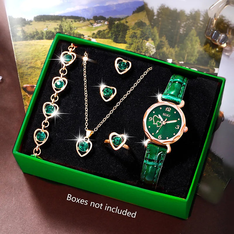 6 PCS New Lxury Love Rhinestone Jewelry Ladies Ring Necklace Earrings Bracelet Set Simple Digital Leather Strap Quartz Watch