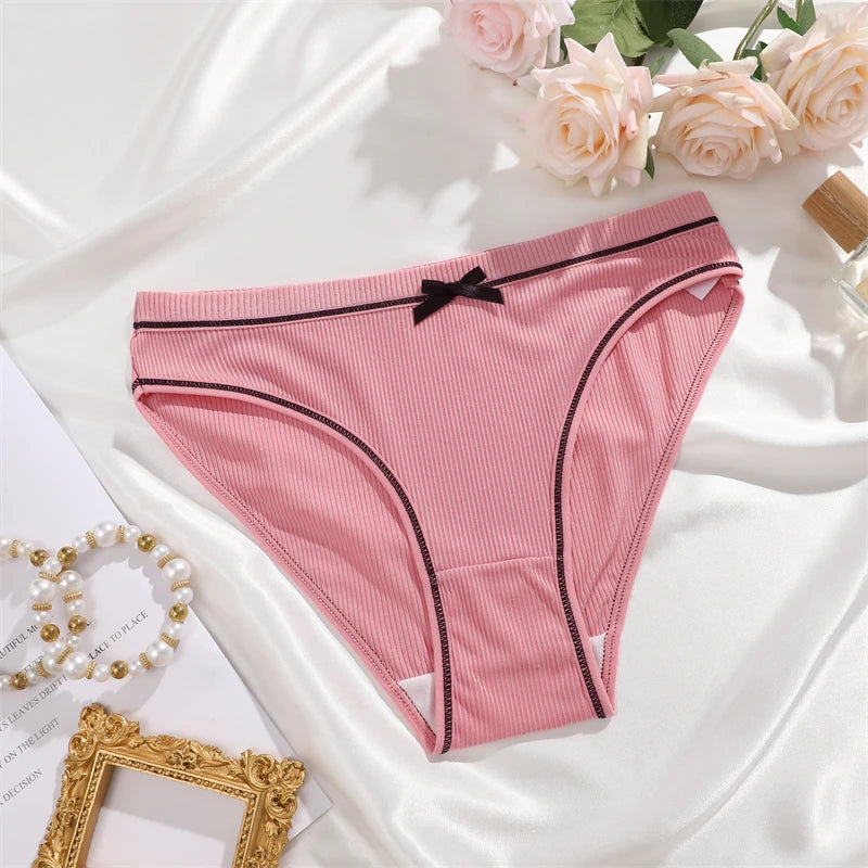 FINETOO 6Pcs Women's Ribbed Underwear Sexy Bow Tie Mid-Waist Panties Girls Solid Color Breathable Briefs Sports Soft Lingerie