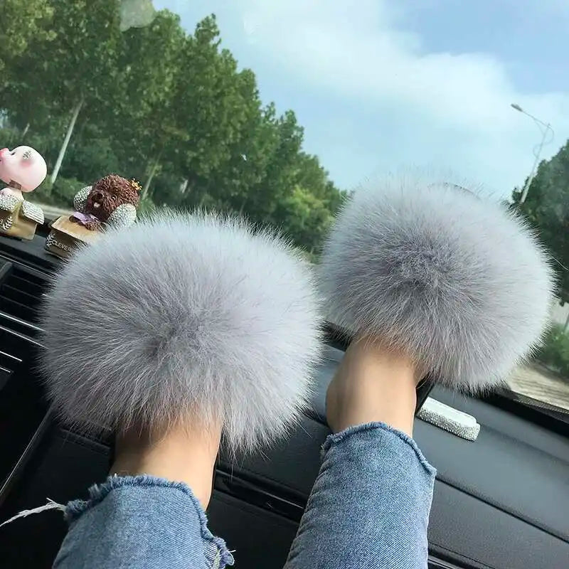Fur Slippers Women Summer Fluffy Plush Casual Fluffy Flat Non-Slip Real Fox Fur Slides Outdoor Flat Ladies Sandals Flip Flops