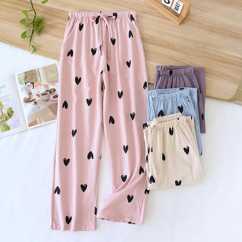New Spring/Summer Women's Sleeping Pants 100% Pure Cotton Knitted Love Pants Straight Leg Casual Home Pants Lounge Wear