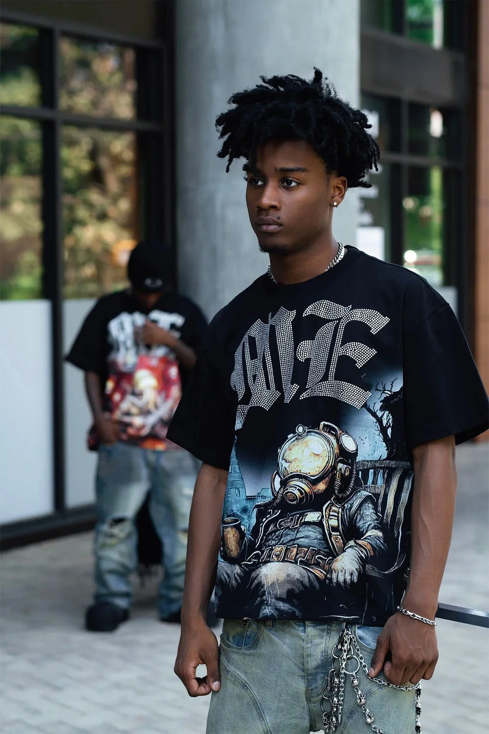 Mixed Emotion Letter Rhinestone Short Sleeve Black Oversized Tshirt