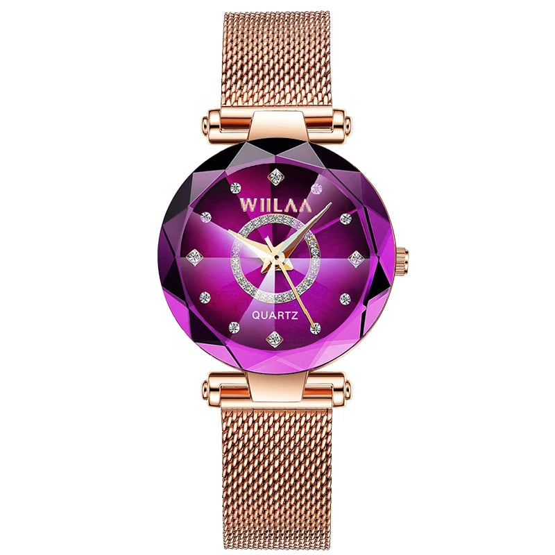 WIILAA Ocean Star Women Crystal Watch 2025 Top Brand Luxury Rose Gold Women Bracelet Wrist Watch For Ladies Relogio Feminino