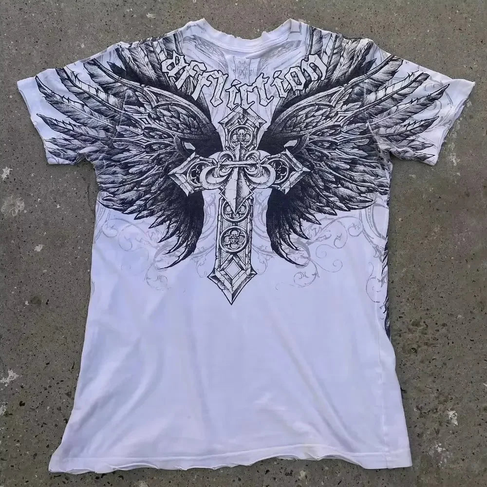 Graphic T-Shirt Mens Large Grunge Wings  Pure Cotton Shirt
