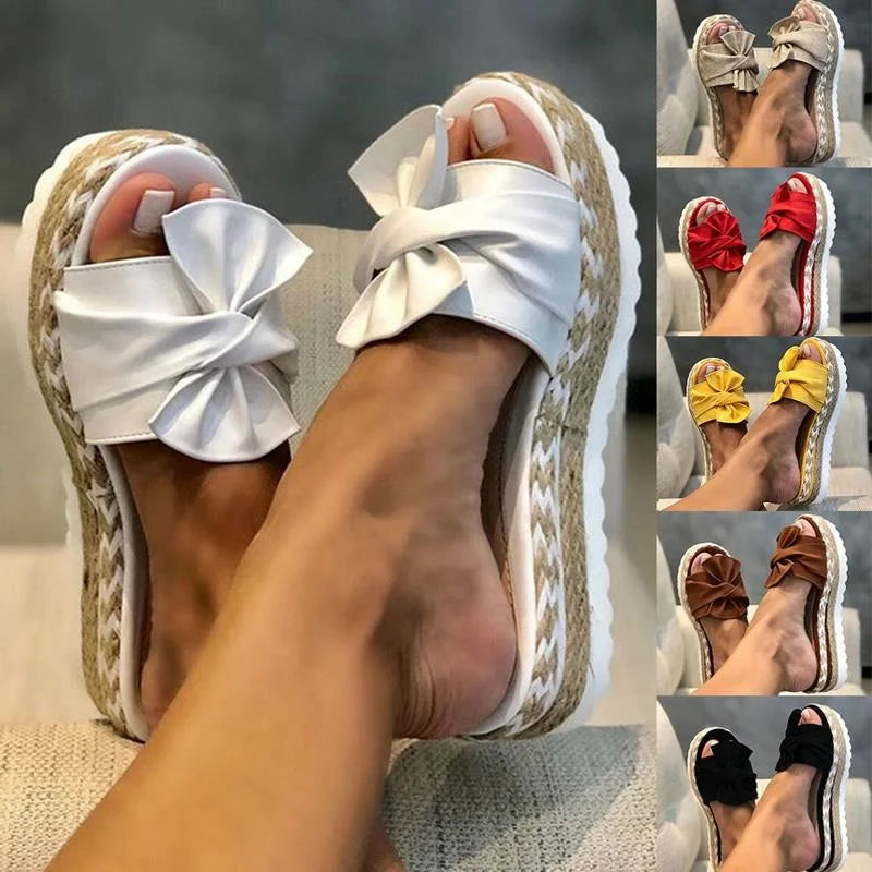 Women Bowknot Sandals  Summer Casual Daily Comfy Slip On Platform Sandals Women's Toe Breathbale Weave Sandals