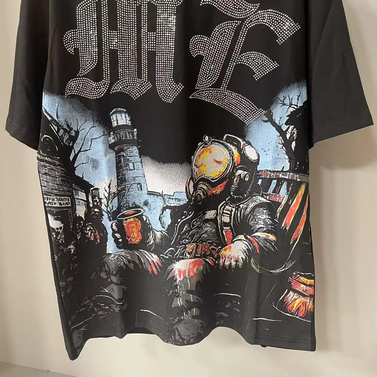 Mixed Emotion Letter Rhinestone Short Sleeve Black Oversized Tshirt