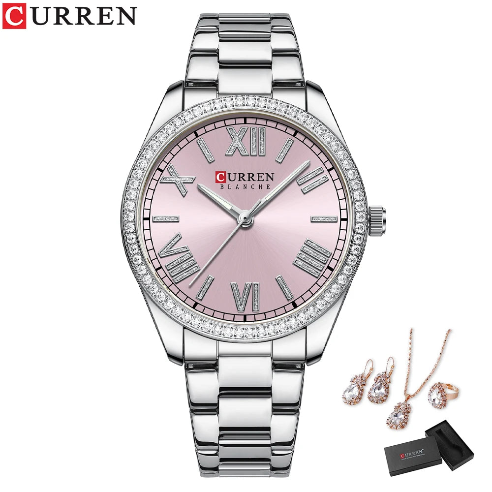 CURREN Luxury Watch Women Ring Necklace Earrings Rhinestone Fashion Wristwatch Female Casual Ladies Watches Bracelet 5PCS Set