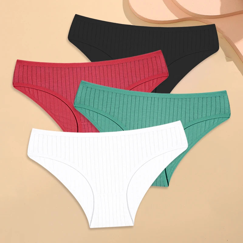 4PCS Cotton Women's Breathable Underwear Sexy Striped Panties Plus Size Low-Waist Briefs Female Comfortable Sport Lingerie S-XXL