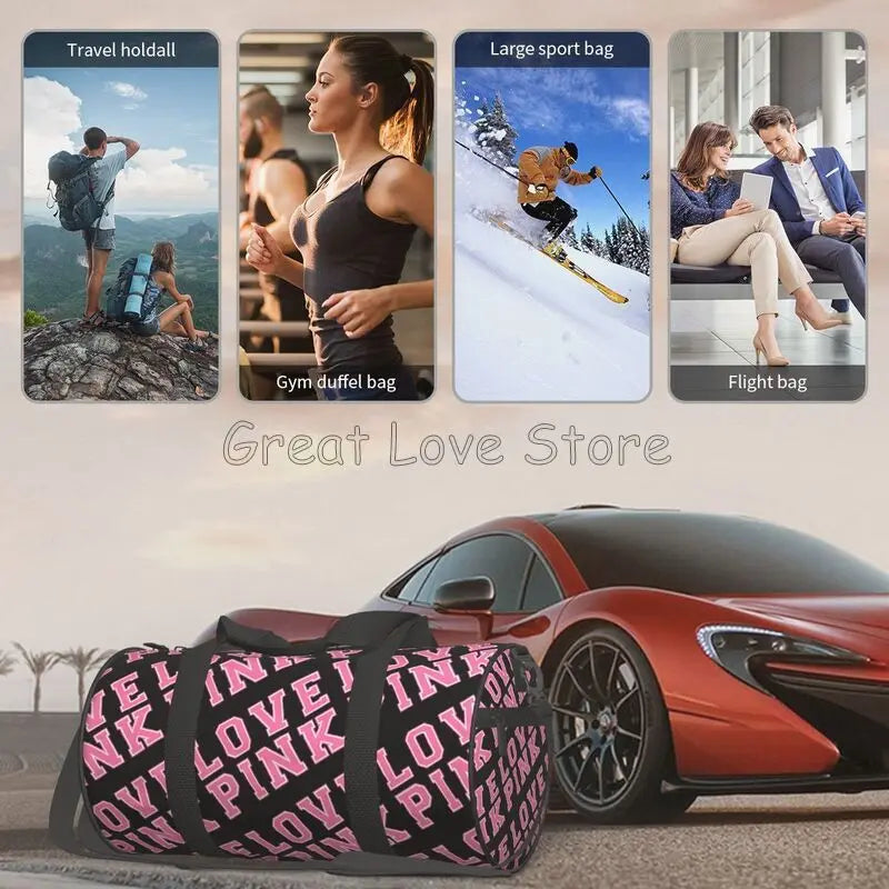 Love Pink Black Portable Sports Gym Yoga Bag Men Large Reusable Water-Resistant Oxford Handbag Vintage Travel Fitness Bag