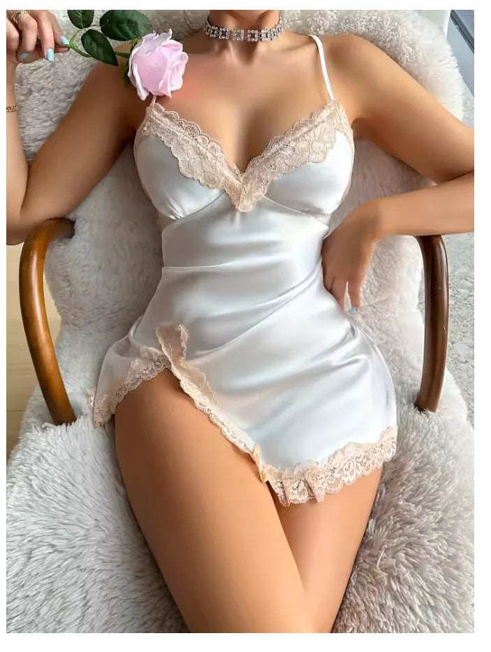 Lace Trim Leopard Nightdress V Neck Backless Side Split Slip