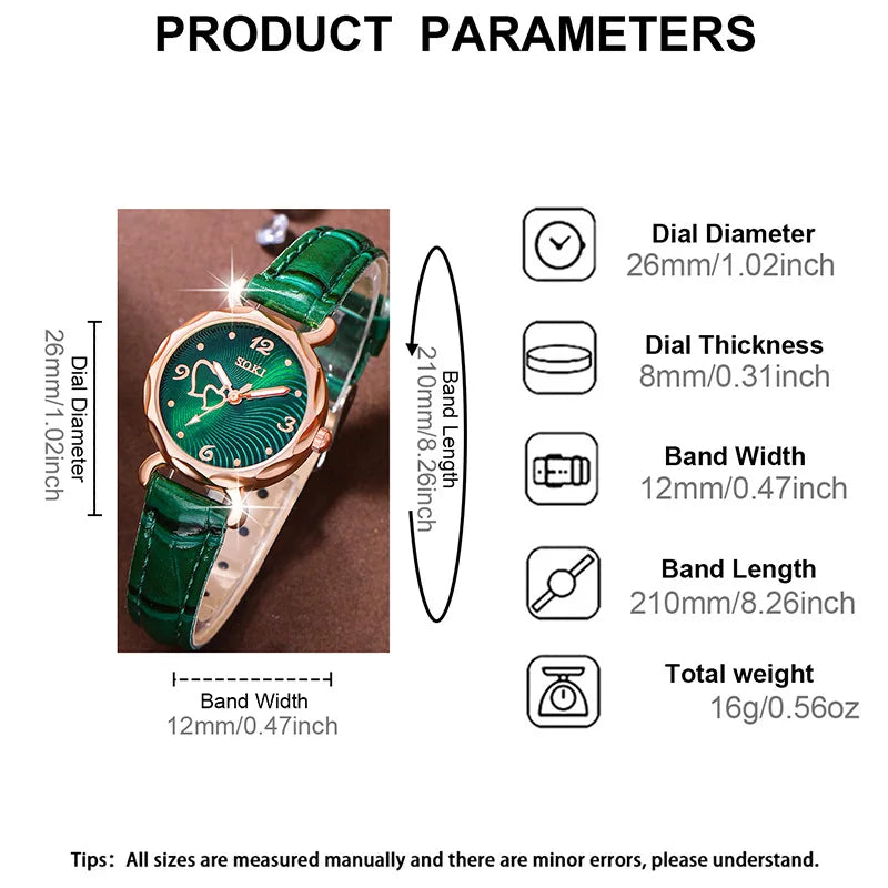 6 PCS New Lxury Love Rhinestone Jewelry Ladies Ring Necklace Earrings Bracelet Set Simple Digital Leather Strap Quartz Watch